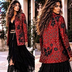 Y2K Whimsigoth Silk Beaded Sequin Jacket Boho Grunge Luxe Red Dopamine Chicos 1